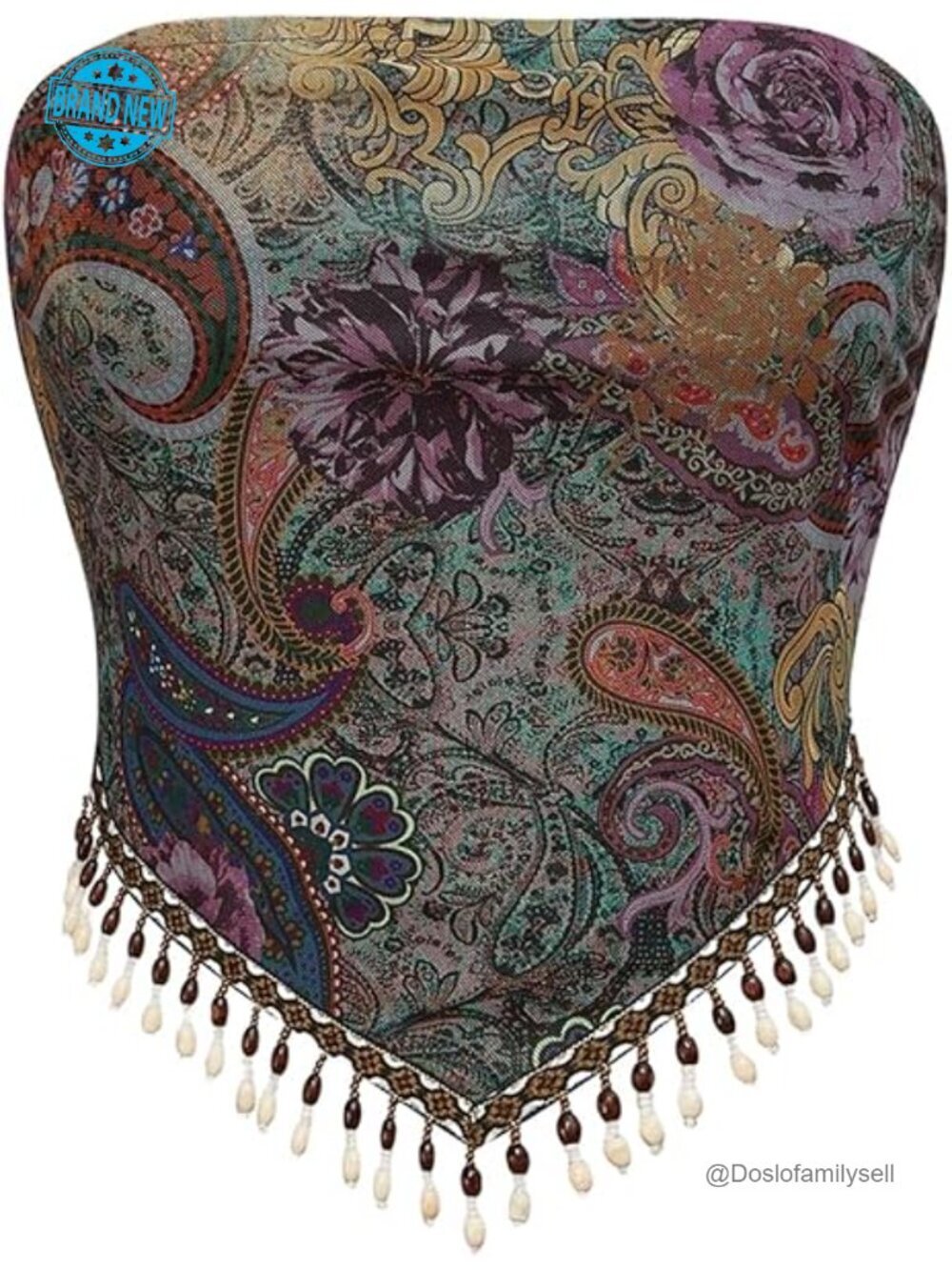 Women's Fringe Tube Top Strapless Paisley Print Asymmetrical Crop Top